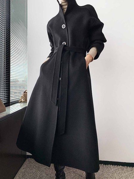 

Plain Long sleeve Elegant Stand Collar Overcoat, Black, Coats