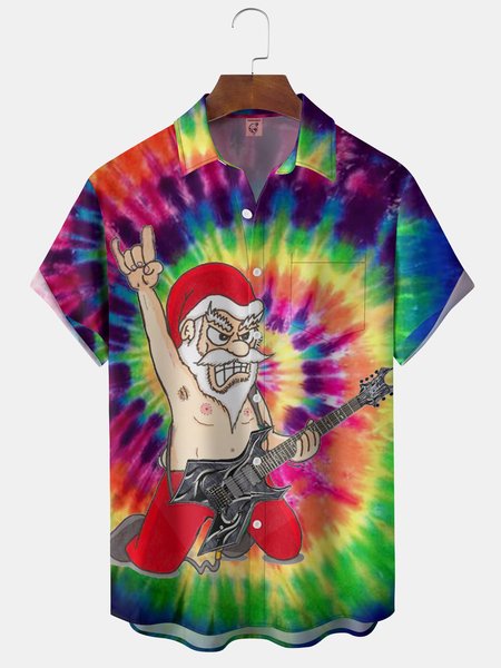 

Hippie Santa Claus Chest Pocket Short Sleeve Shirt, Red, Men Shirts