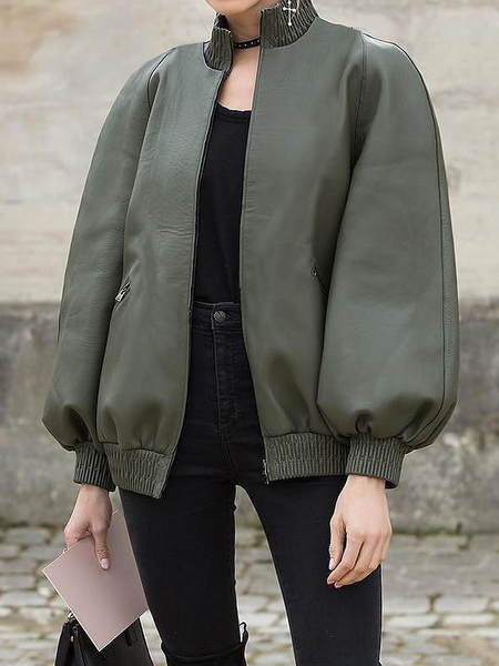 

Loose Plain Stand Collar Long sleeve Jacket, Green, Jackets