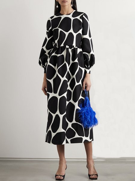 

Lantern Sleeve Crew Neck Loose Geometric Midi Dress, Black-white, Midi Dresses
