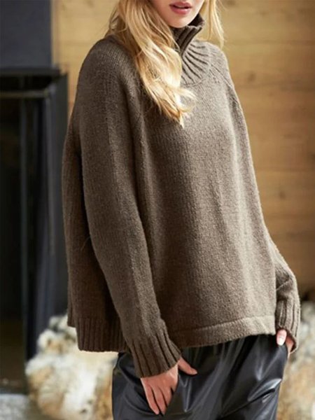 

Long sleeve Regular Size Turtleneck Loose Sweater, Khaki, Pullovers