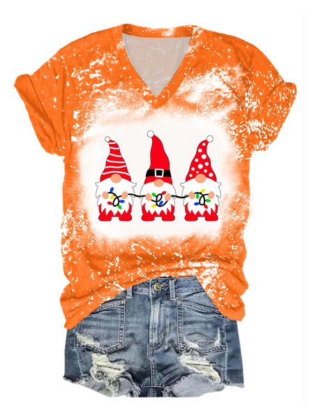 

Womens Merry Christmas Gnomes Bleach Print V Neck Cotton-Blend Loose T-Shirt, Orange, T-shirts