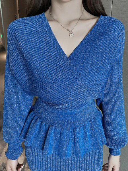 

High Elasticity Regular Fit Elegant V Neck Long sleeve Sweater, Blue, Pullovers