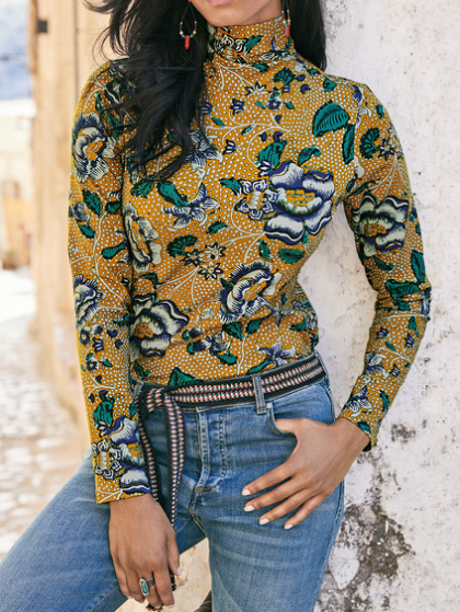 

Floral Turtleneck Vintage T-Shirt, Yellow brown, T-Shirts