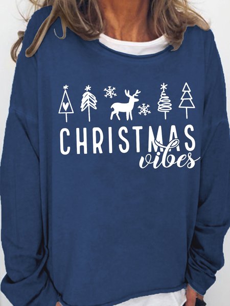 

Women's Christmas Vibes Text Letters Christmas Tree Graphic Print Regular Fit Sweatshirts, Dark blue, Hoodies&Sweatshirts