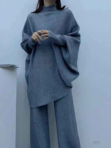 

High Elasticity Loose Stand Collar Long sleeve Plain Mid-long Sweater, Gray, Pullovers