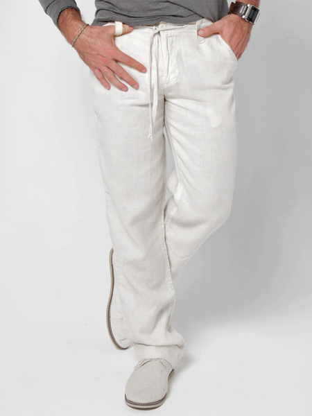 

Plain Cotton Drawstring Waist Straight Pants, As picture, Men's pants