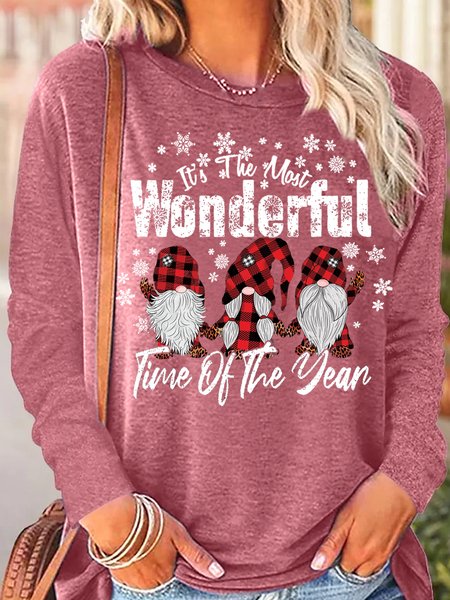 

Womnes Christmas gnomes New Year Letters Crew Neck Top, Pink, Long sleeves