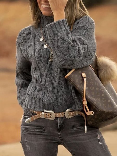 

Long sleeve Casual Loose Plain Sweater, Gray, Pullovers