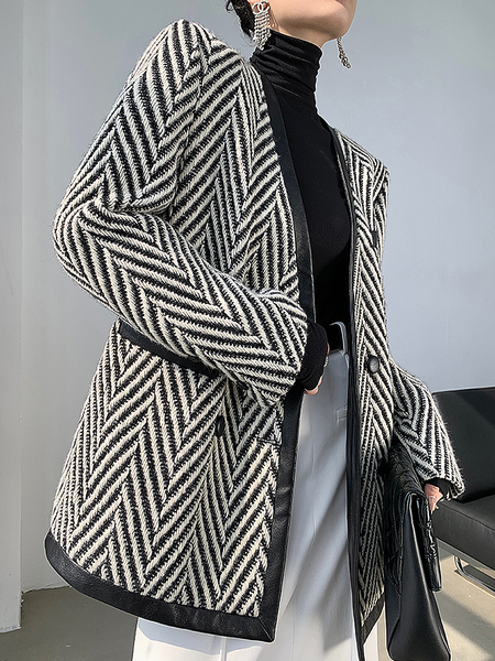 

Geometric Loose V neck Long sleeve Jacket, Black, Jackets