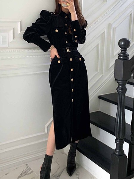 

Daily Long sleeve Regular Fit Plain Elegant Dress, Black, Midi Dresses