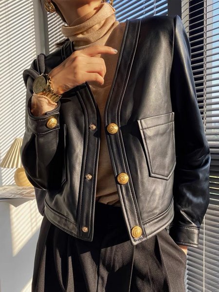

Elegant Buttoned V Neck Plain Jacket, Black, Jackets