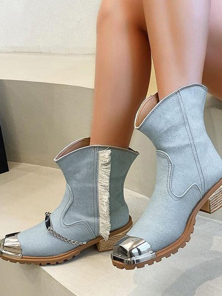 

Denim Panel Fringed Western Cowboy Boots with Chain, Lightblue, Boots
