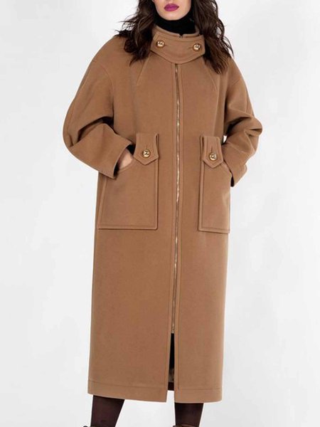

Stand Collar Daily Long sleeve Plain Loose Urban Overcoat, Camel, Coats