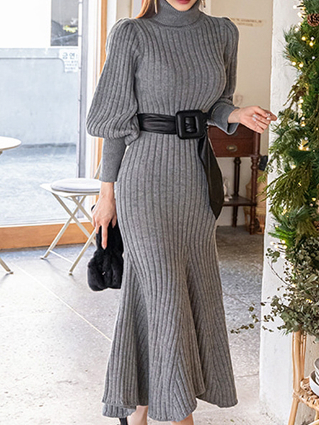 

Regular Fit Long sleeve Plain Elegant Regular Fit Long Dress, Gray, Maxi Dresses