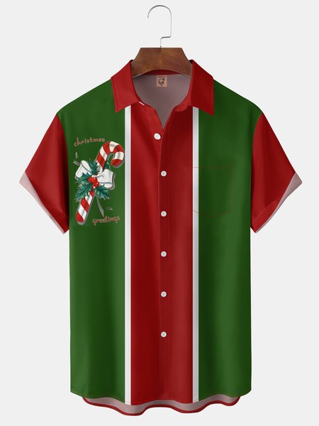 

Candy Canes Chest Pocket Short Sleeve Bowling Shirt, Red, Men Shirts