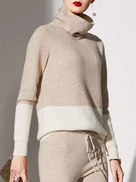 

Turtleneck Simple Color Block Long Sleeve Sweater, Camel, Pullovers