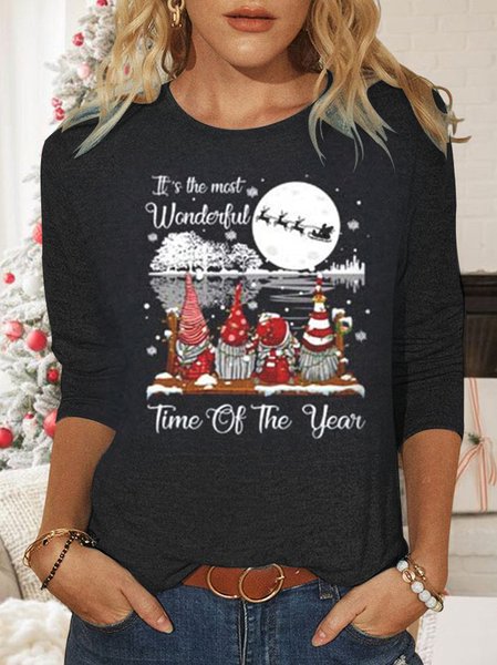 

Christmas Gnome Design Crew Neck Casual T-Shirt, Black, Tops