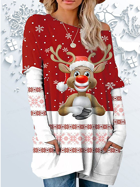 

Christmas Crew Neck Loose Tops, Multicolor, Tunics