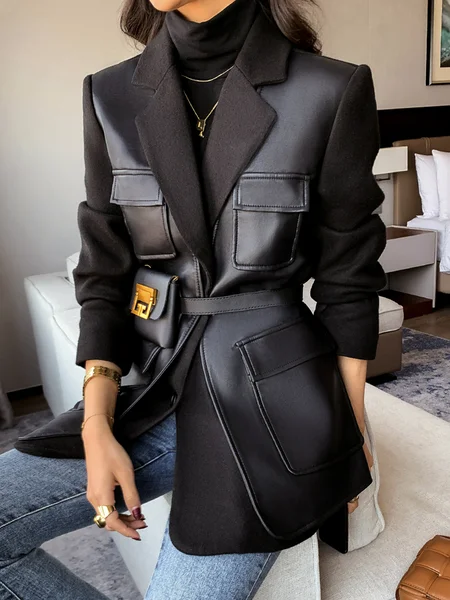 

Long sleeve Loose Urban Plain Lapel Collar Jacket, Black, Jackets