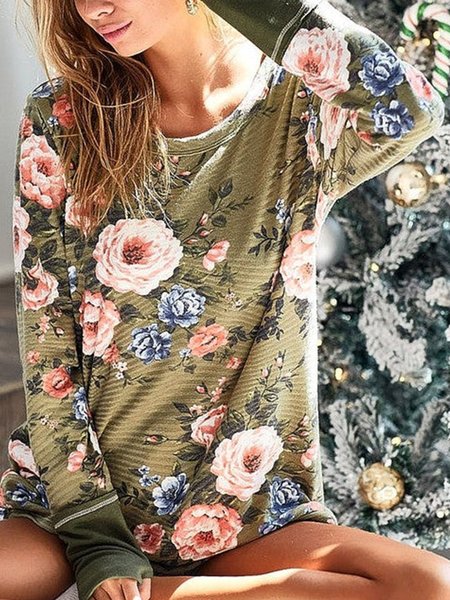 

Crew Neck Casual Floral T-Shirt, Green, Tops