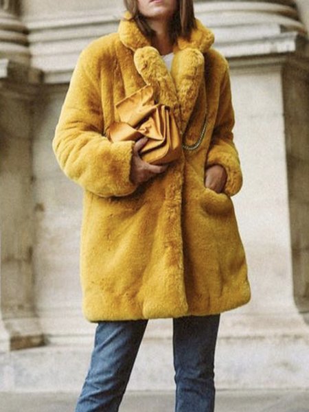 

Simple Long Sleeve Plain Lapel Collar Teddy Jacket, Yellow, Others