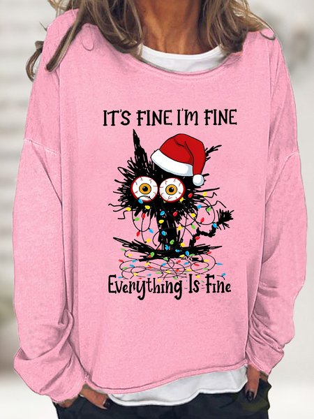 

Women's It Is Fine I Am Fine Everything Is Fine Funny Grumpy Black Cat Merry Christmas Graphic Print Casual Sweatshirt, Pink, Hoodies&Sweatshirts