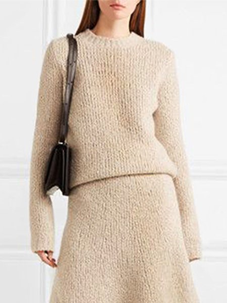 

Elegant Plain Simple Crew Neck Sweater, Apricot, Pullovers