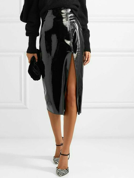 

High Waist Regular Fit Plain Midi Skirt, Black, Skirts