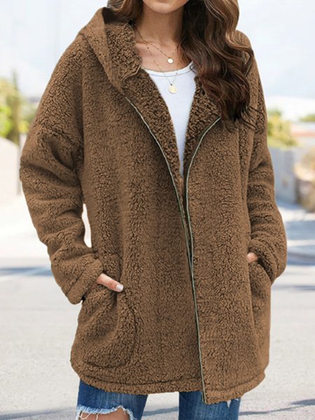 

Plain Long Sleeve Hoodie Pockets Casual Plush Coat, Khaki, Outerwear