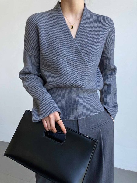 

Cross Neck Long sleeve Regular Fit Simple Sweater, Gray, Pullovers
