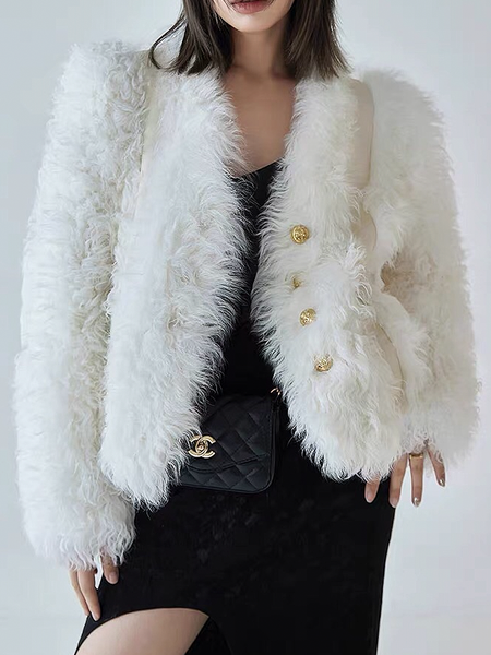 

Loose Urban Teddy V neck Long sleeve Jacket, White, Others