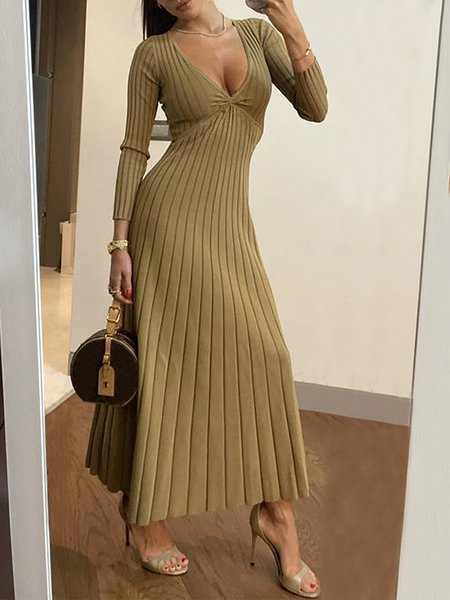 

Elegant V Neck Plain Long Sleeve Maxi Dress, As picture, Maxi Dresses