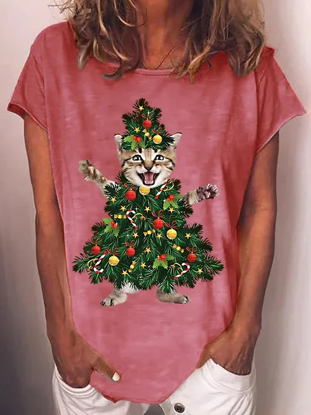 

Womens Christmas Tree Cat Crew Neck T-Shirt, Red, T-shirts