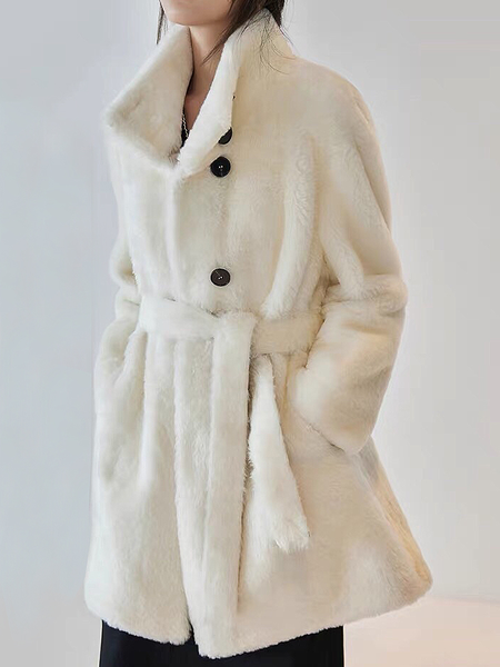 

Loose Urban Teddy Stand Collar Long sleeve Mid-long Jacket, Apricot, Others
