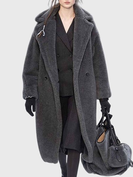

Daily Long sleeve Faux Fur Lapel Collar Teddy Jacket, Gray, Others