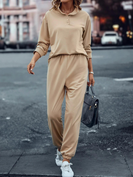 

Casual Half Button Drop Shoulder Hoodie & Sweatpants, Khaki, Suits