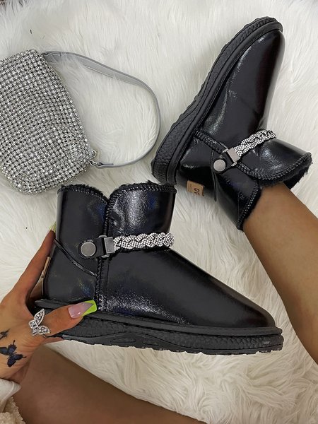 

Rhinestone Chain Waterproof Snow Boots, Black, Boots