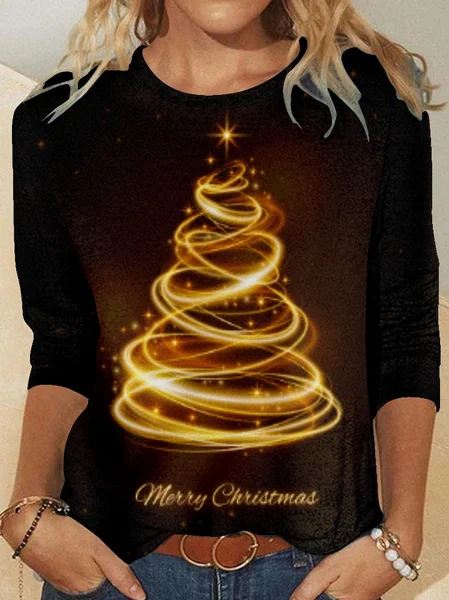 

Womens Christmas Light Tree Print Top, As picture, Long sleeves