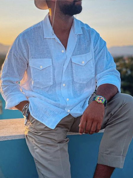 

Clean color long sleeve shirt, casual style cotton shirt with lapel, As picture, Long Sleeve Shirts