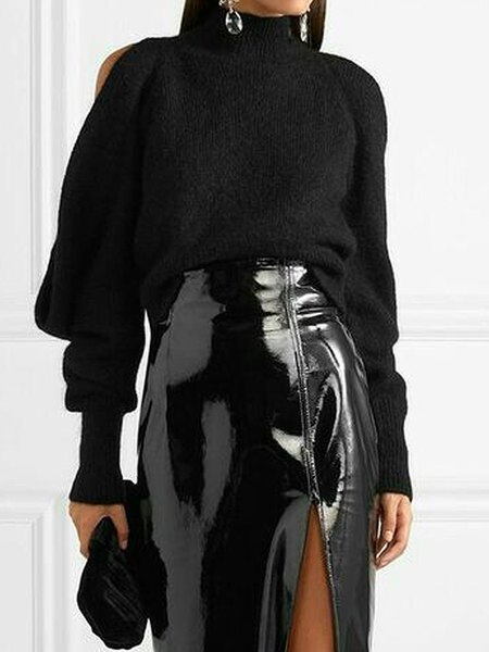 

High Elasticity Stand Collar Regular Fit Urban Long sleeve Sweater, Black, Pullovers