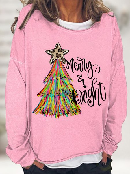 

Women's Merry And Bright Christmas Tree Graphic Print Casual Crew Neck Sweatshirt, Pink, Hoodies&Sweatshirts