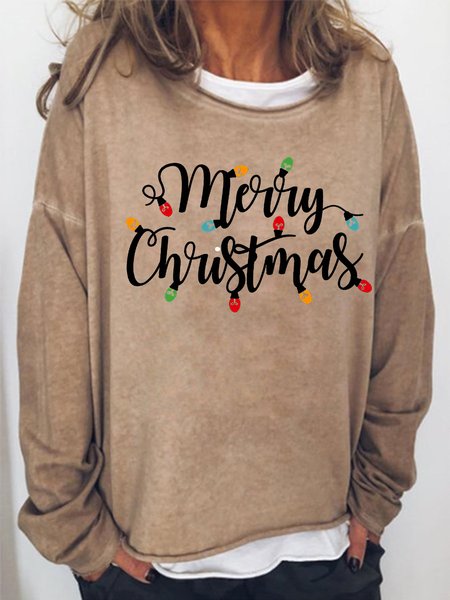 

Women's Merry Christmas Lights Graphic Print Casual Sweatshirt, Khaki, Hoodies&Sweatshirts