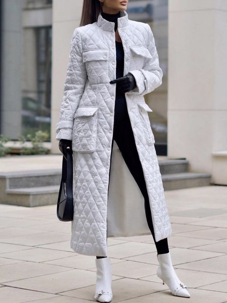 

Stand Collar Loose Elegant Fleece Coat, White, Others