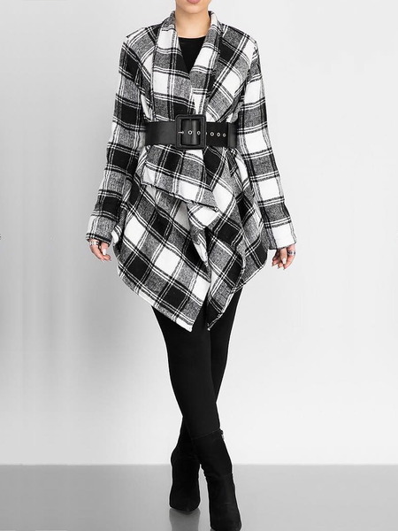 

Loose Plaid Shawl Collar Mid-long Long sleeve Overcoat, Black, Coats