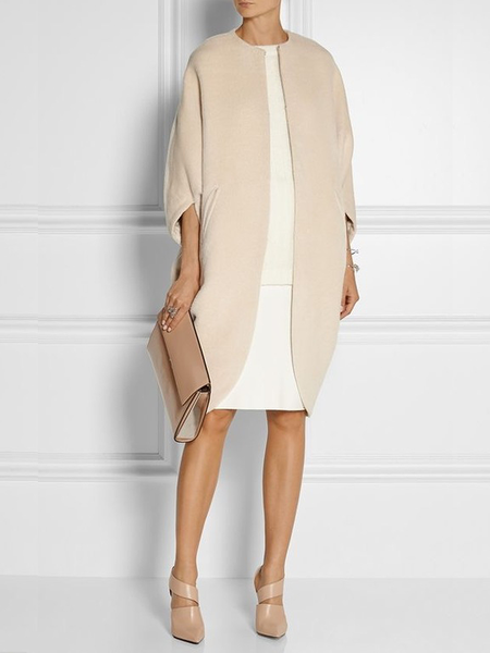 

Loose Plain Crew Neck Three Quarter Mid-long Overcoat, Apricot, Coats