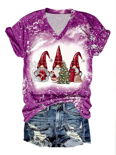 

Womens Merry Christmas Gnomes Bleach Print V Neck Cotton-Blend Loose T-Shirt, Rose red, T-shirts