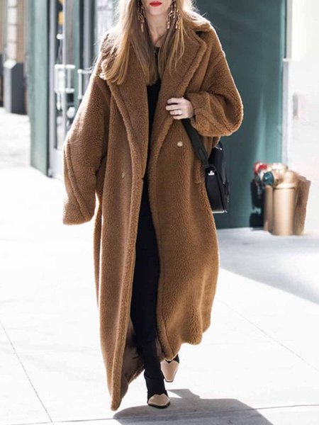 

Daily Long sleeve Loose Plain Faux Fur Teddy Jacket, Camel, Others