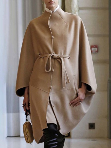 

Daily Long sleeve Stand Collar Elegant Plain Overcoat, Khaki, Coats