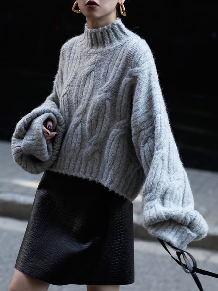 

Half Turtleneck Simple Long Sleeve Sweater, Gray, Pullovers
